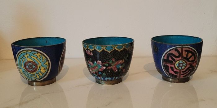 Antique trio of cloisonne cups