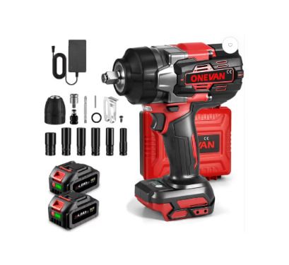ONEVAN 1/2 inch Cordless Impact Wrench 1700Nm Brushless Electric with 2 Batteries & Fast Charger Red Black