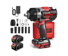ONEVAN 1/2 inch Cordless Impact Wrench 1700Nm Brushless Electric with 2 Batteries & Fast Charger Red Black