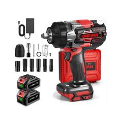 ONEVAN 1/2 inch Cordless Impact Wrench 1700Nm Brushless Electric with 2 Batteries & Fast Charger Red Black