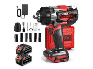 ONEVAN 1/2 inch Cordless Impact Wrench 1700Nm Brushless Electric with 2 Batteries & Fast Charger Red Black