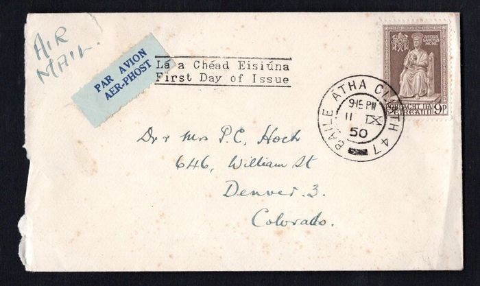 1950 Ireland 9d Holy Year Commemorative Stamp Plain Addressed First Day Covery (FDC) with Baile Atha Cliath (Dublin) cancel to Colorado USA