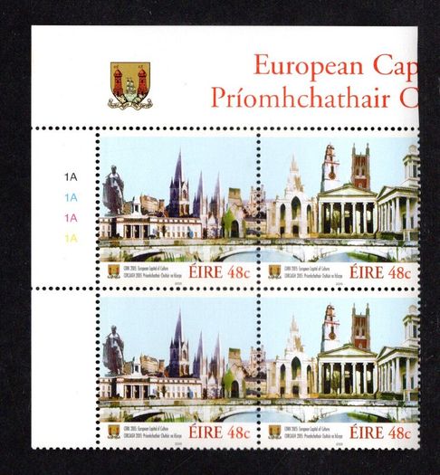 2005 Ireland European Capital of Culture 2005 Cork City Commemorative Stamps Plate Block 1A1A1A1A Mint Never Hinged (MNH)
