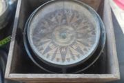 Antique Large Ships Nautical Compass, models were produced by firms like Francis M. Moore Dublin &amp; Belfast active 1854 to 1894 or Henry Hughes &amp; Son of London., as indicated by the style of the compass rose and the gimbaled mounting in a wooden bo