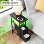 Slim Bedside Table with Charging Station, Narrow Side Table with LED Lights, Small End Table with 2 Fabric Drawers, Nightstand for Small Spaces, Living Room, Bedroom, Black Image 5