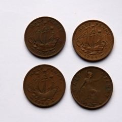 Collection  of 4 old Half a Penny coins 1929 & 1940 & 1956 & 1964