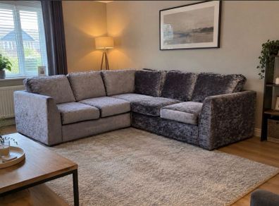 Grey velvet corner L shaped sofa