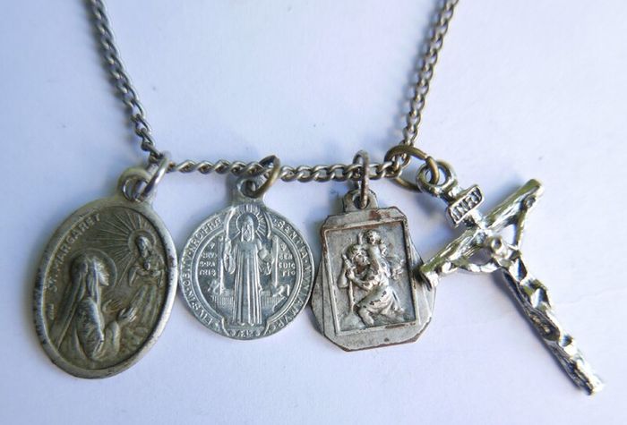 Antique catholic Saints religious many pendants family heirloom necklace