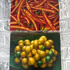 2 Paintings on Canvas of Lemons and Chilli Peppers