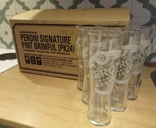 24 box Peroni pint glasses with signature hexagon base