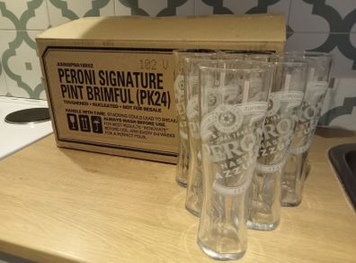 24 box Peroni pint glasses with signature hexagon base