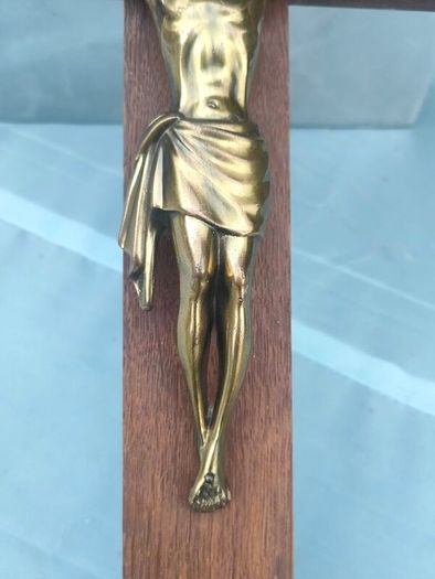 16" Mid Century Brass Christ on Mahogany cross