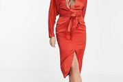 Asos Satin Wrap Waist Midi Dress Red