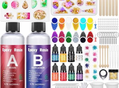 Epoxy Resin Kits for Beginners, 400ml Crystal Clear Resin Accessories with Moulds, Resin Pigment, Resin Glitter, Gold Leaf, Dried Flowers, Epoxy Resin Starter Kit