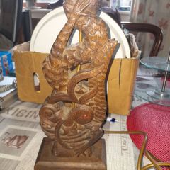 Hand Carved Wooden Table Lamp featuring a detailed Chinese Dragon. Carved Hardwood or Teak. Asian, dating from the Early to mid 20th century. postage available or collection