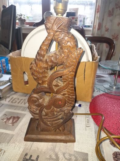 Hand Carved Wooden Table Lamp featuring a detailed Chinese Dragon. Carved Hardwood or Teak. Asian, dating from the Early to mid 20th century. postage available or collection