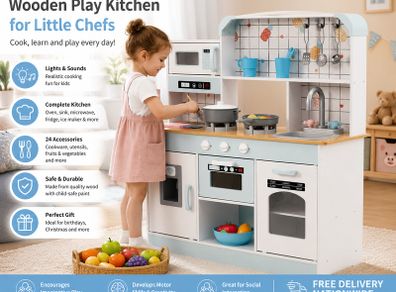 Wooden Kids Play Kitchen with Lights and Sounds White