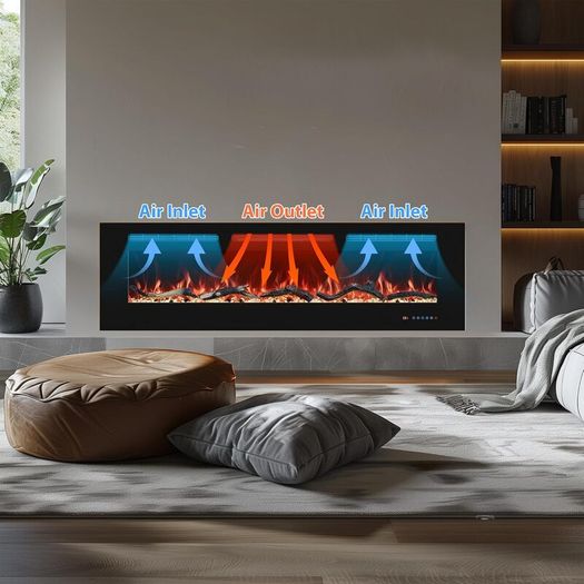 127cm Electric Fireplace Inserts, Recessed and Wall Mounted Fireplace Heater, Linear Fireplace/Thermostat, Remote & Touch Screen, Multicolor Flame, Timer, Log & Crystal, 750W/1500W