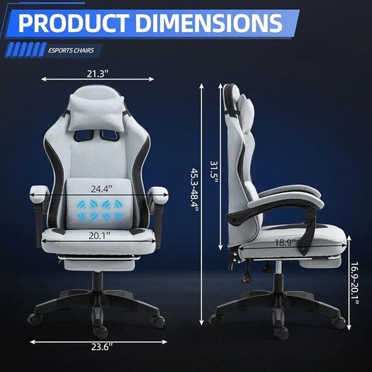 Fabric Massage Gaming Chair, Ergonomic Computer Chair, Video Game Chair, Massage Office Chair, Desk Swivel Chair, Adjustable, Reclining, Footrest, Massage Cushion, Fabric Material, Grey, New