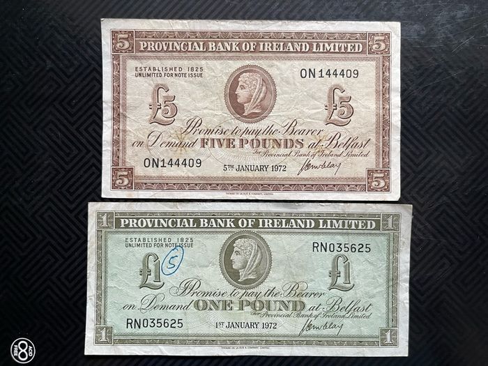 1972 Provincial Bank of Ireland Pair of 1 and 5 Pound Banknotes