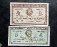 1972 Provincial Bank of Ireland Pair of 1 and 5 Pound Banknotes