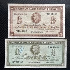 1972 Provincial Bank of Ireland Pair of 1 and 5 Pound Banknotes