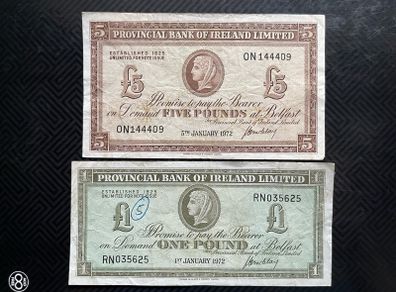 1972 Provincial Bank of Ireland Pair of 1 and 5 Pound Banknotes