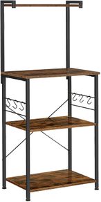 _Kitchen shelf, standing shelf with 3 shelves, with 6 S-shaped hooks, industrial design, for microwave, cooking utensils, spices, pots and pans, vintage brown-black