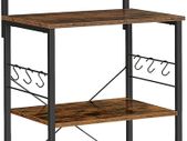 _Kitchen shelf, standing shelf with 3 shelves, with 6 S-shaped hooks, industrial design, for microwave, cooking utensils, spices, pots and pans, vintage brown-black