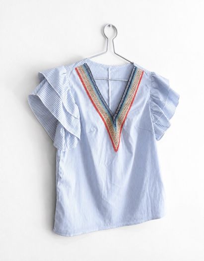 Pre Owned Blue & White Striped Embroidered V-Neck Top with Ruffle Sleeves