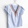 Pre Owned Blue & White Striped Embroidered V-Neck Top with Ruffle Sleeves Image 2