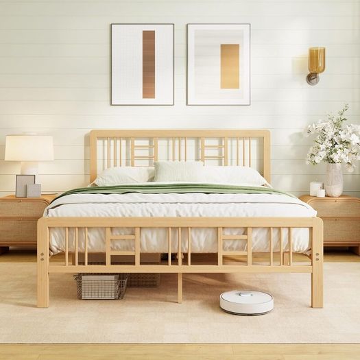 Wooden Double Bed Frame with Headboard - Bamboo Wood Bed Frames with Metal Slats Support and Underbed Storage, Easy to Install, Noise Free, Sturdy, 30.5 cm High