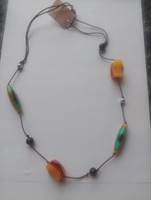 Yellow and Red Beaded Cord Necklace 16 Inch
