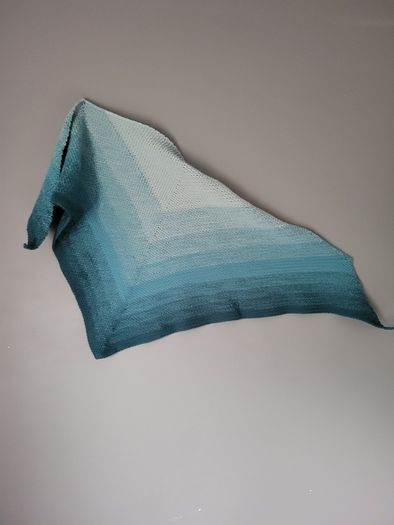 Handmade crochet triangle wool shawl wrap. Teal and mint gradient ombre shawl