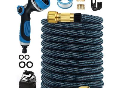 Garden Hose Pipe with 10 Function Nozzle - Upgraded 3-Layer Latex No-Kink Flexible Water Hose with 1/2" 3/4" Connectors, Expanding Water Hose for Gardening, Washing & Cleaning