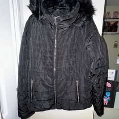 F&F Black Padded Coat with Black Fluffy Hood and Gold Trimmings