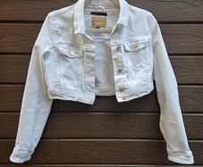 White stretchy cropped denim jacket, from ONLY, Size 10