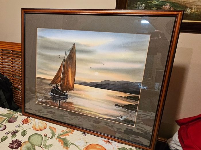 Original Painting , Watercolour by Helen Mulkerns (1996) - Galway Hooker at Sunset