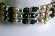 Vintage Necklace Three Strand Beaded Gold Black Grey White Vintage