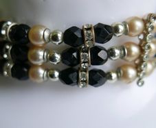 Vintage Necklace Three Strand Beaded Gold Black Grey White Vintage