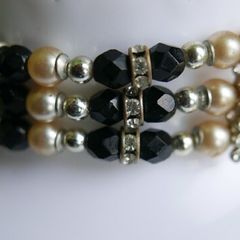 Vintage Necklace Three Strand Beaded Gold Black Grey White Vintage