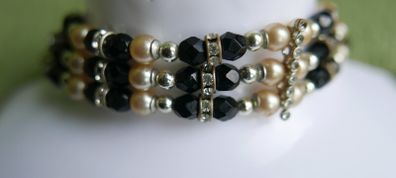 Vintage Necklace Three Strand Beaded Gold Black Grey White Vintage