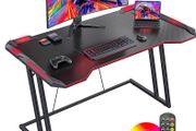 Gaming Desk with LED, 120 cm Gamer Workstation, Home Computer with Carbon Fiber Surface, Black
