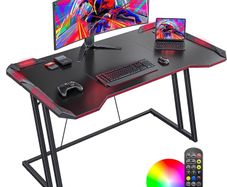 Gaming Desk with LED, 120 cm Gamer Workstation, Home Computer with Carbon Fiber Surface, Black