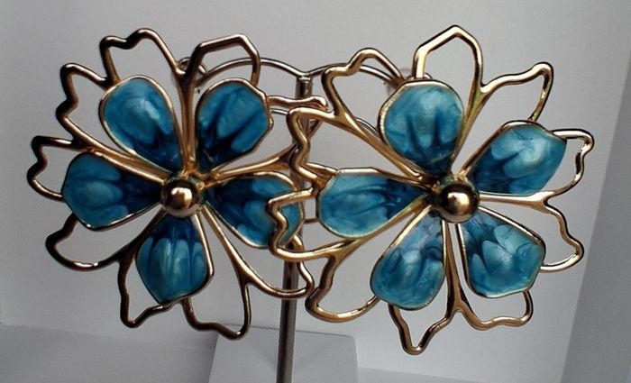 Gold & Teal Sakura Blossom Floral Statement Earrings