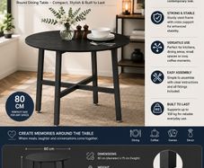 Round Black Dining Table Modern Industrial Kitchen & Dining Room Table 80cm