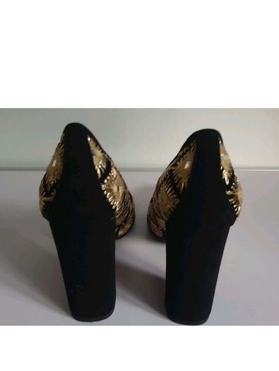 Le Babe Mirror 5019 Black Gold Embroidered Block Heel Court Shoes EU36 BNIB CAN POST