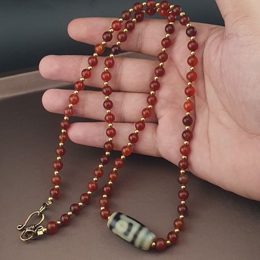 Vintage Carnelian Agate From Mali With Himalayan 1 Eyes Tibetan Agate Dzi Pendant Necklace