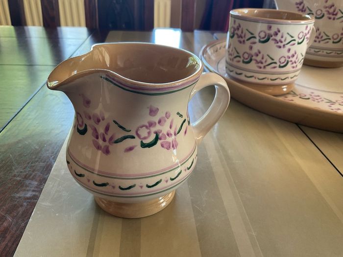 Nicholas Mosse Lavender starter set from Washington creek USA . Tea pot, two mugs , creamer and an oval platter . Pricing the set