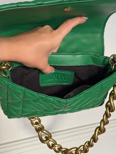 Zara Green Quilted Shoulder Bag with Gold Large Chain